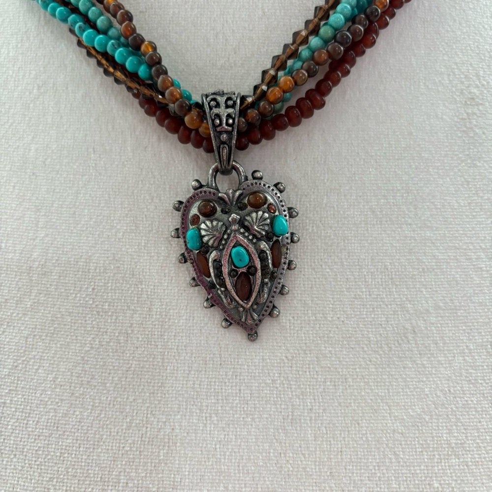 Bohemian Beaded Necklace Silver Tone Heart Pendant Coastal Cowgirl Turquoise - Picture 3 of 7